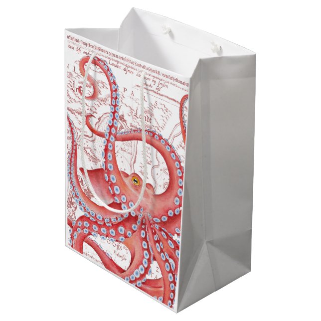 Red Octopus Vintage Map White Medium Gift Bag (Back Angled)
