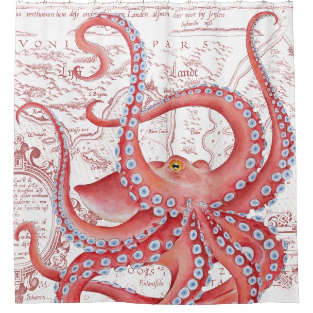 Red Octopus Vintage Map White Shower Curtain (Front)