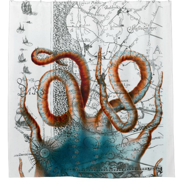red octopus Vintage Shower Curtain (Front)