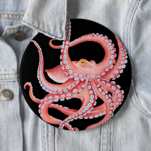 Red Octopus Watercolor On Black 6 Cm Round Badge