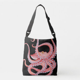 Red Octopus Watercolor On Black Crossbody Bag