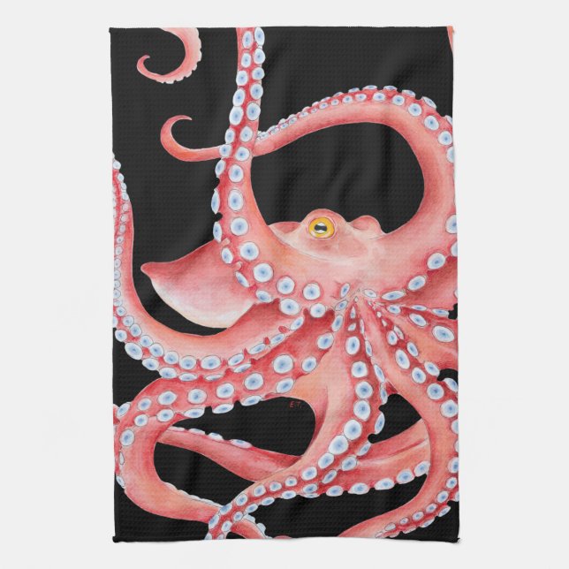 Red Octopus Watercolor On Black Tea Towel (Vertical)