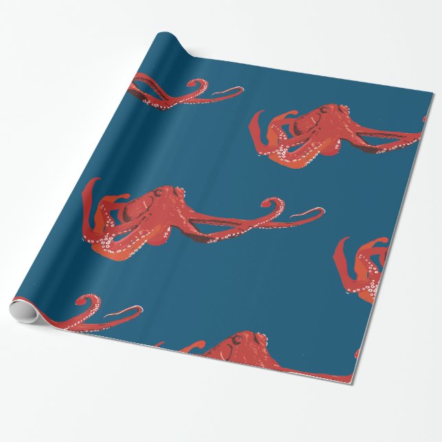 Red octopus wrapping paper (Unrolled)