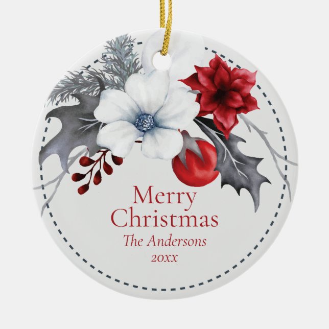 Red Off-White Silver Foliage Christmas  Ceramic Tree Decoration (Front)