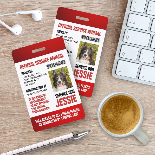 Red Official Service Animal Custom Photo ID ID Badge (Red Service Animal Photo ID Badge Cover Photo.)