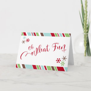 Red Oh What Fun Snowflakes & Diagonal Stripes Holiday Card