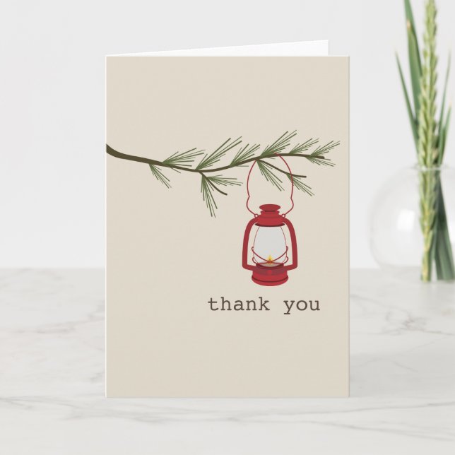 Red Oil Lantern Evergreen Tree Thank You Card (Front)
