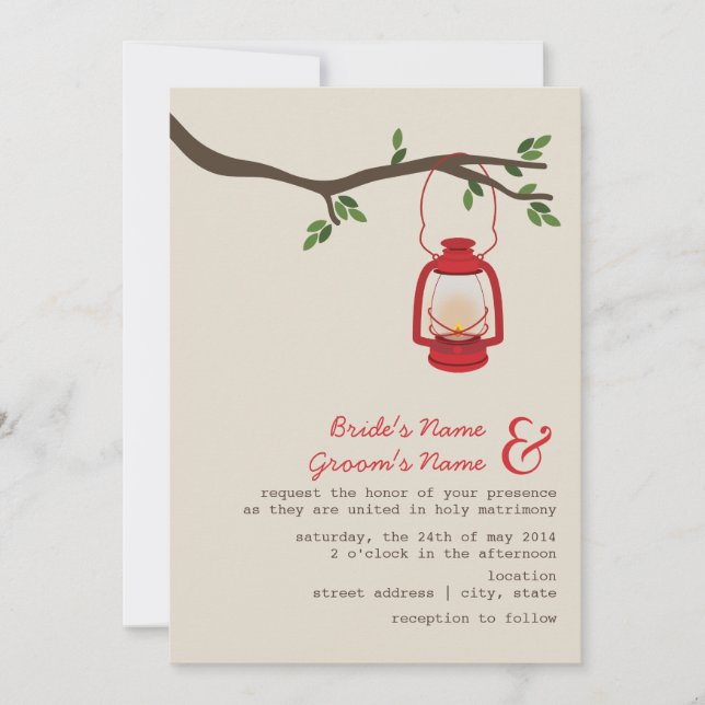 Red Oil Lantern Wilderness / Camping Wedding Invitation (Front)