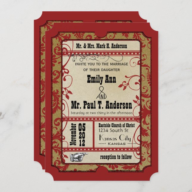 Red Old Hollywood  Ticket for Two Wedding Invitation (Front/Back)