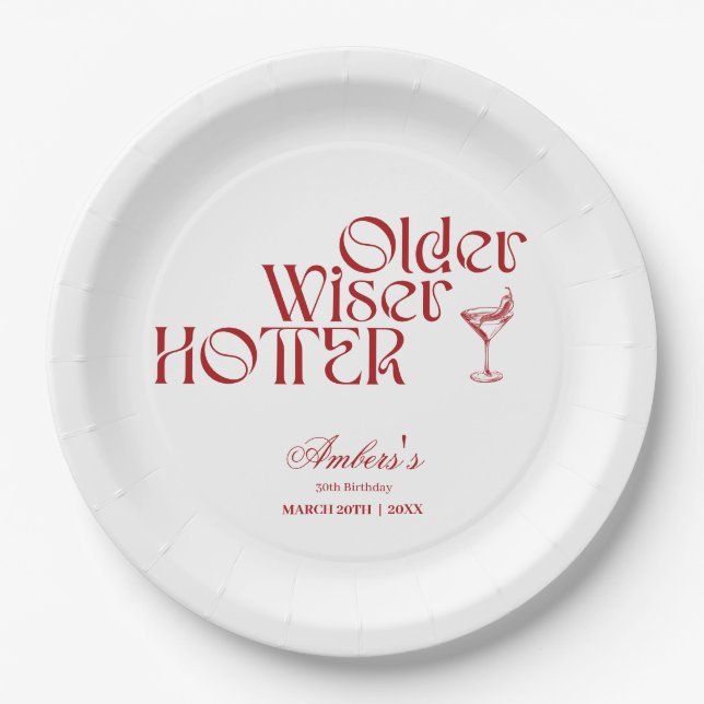 Red Older Wiser Hotter Birthday Paper Plate (Front)