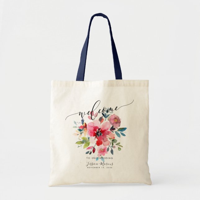 Red Ombre+Dusty Blue Watercolor Flowers Welcome Tote Bag (Front)