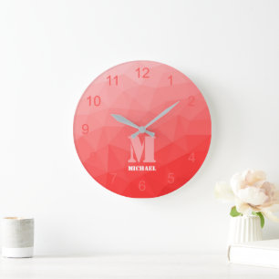 Red ombre geometry Mesh Pattern Monogram Large Clock