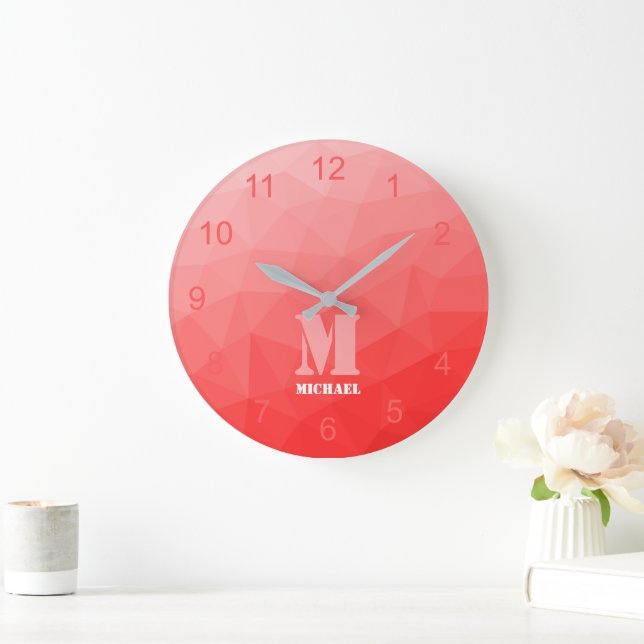 Red ombre geometry Mesh Pattern Monogram Large Clock (Home)