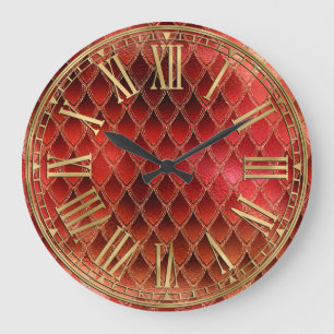 Red Ombre & Gold Sparkle Dragon Scales Large Clock