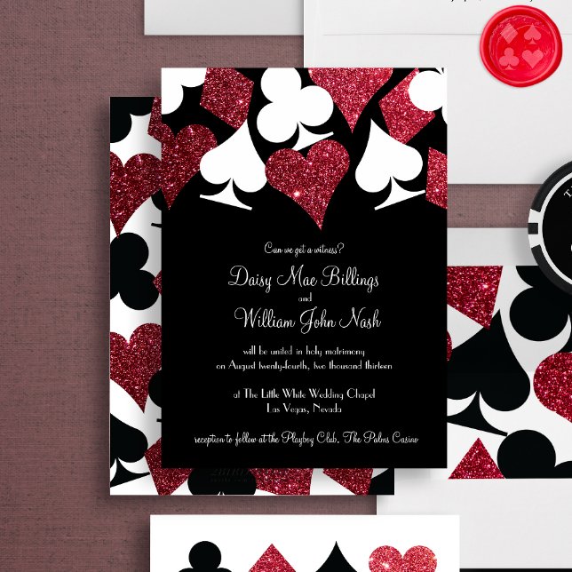 Red on Black Faux Glitter Las Vegas Wedding Invitation (Creator Uploaded)