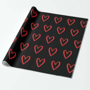 Red on Black Handdrawn Hearts Wrapping Paper