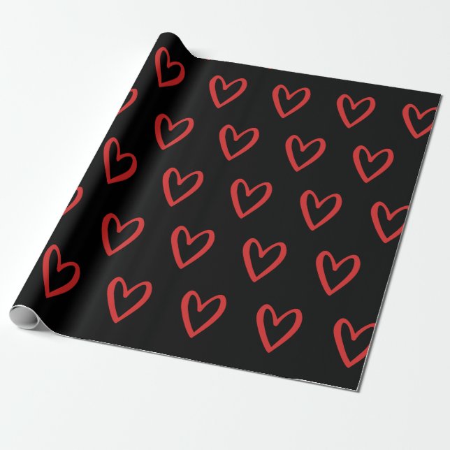 Red on Black Handdrawn Hearts Wrapping Paper (Unrolled)