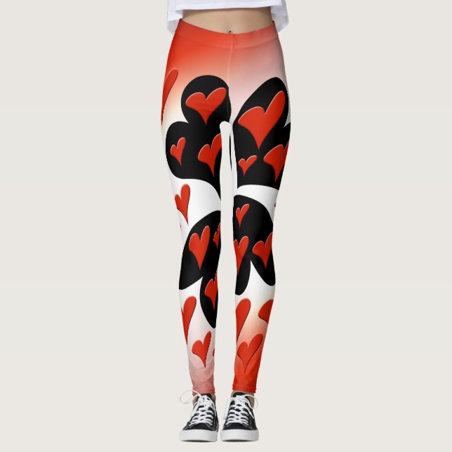 Red on Black Hearts Leggings (Front)