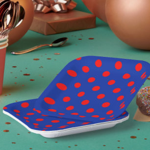 Red On Blue Polka Dots Pattern Design  Paper Plate