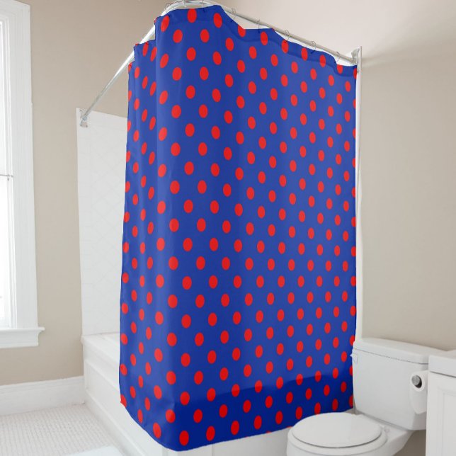 Red On Blue Polka Dots Pattern Design  Shower Curtain (Creator Uploaded)