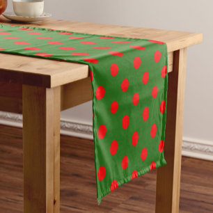 Red On Green Polka Dots Pattern Design Short Table Runner