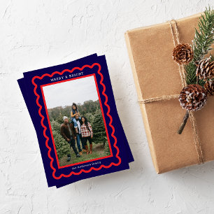 Red on Navy Blue Simple Scallop Photo Frame Holiday Card