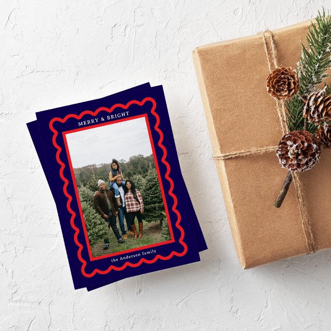 Red on Navy Blue Simple Scallop Photo Frame Holiday Card (Creator Uploaded)