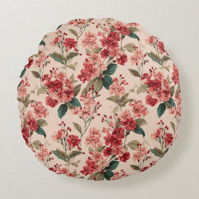 Red on Pink Hibiscus Floral  Round Cushion (Front)
