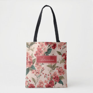 Red on Pink Hibiscus Floral Tote Bag