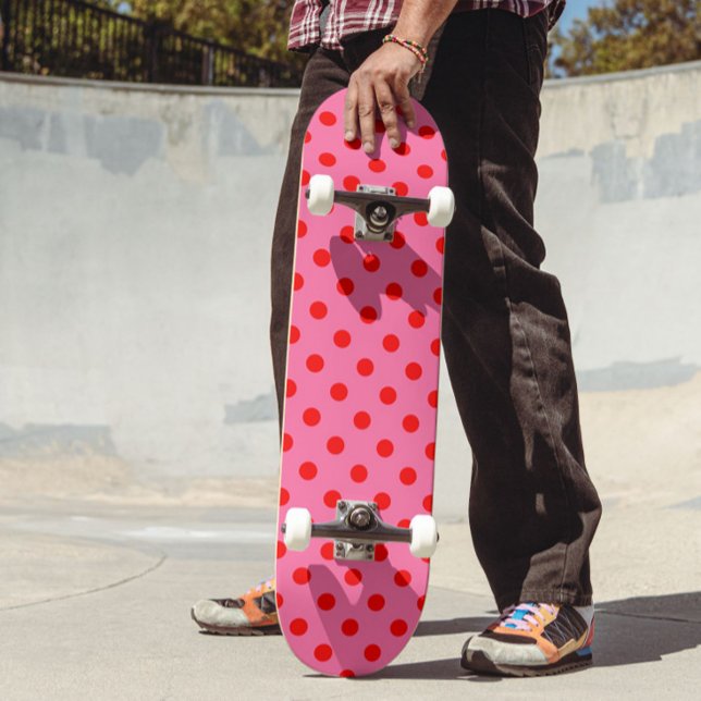 Red On Pink Polka Dots Pattern Design Skateboard (Creator Uploaded)