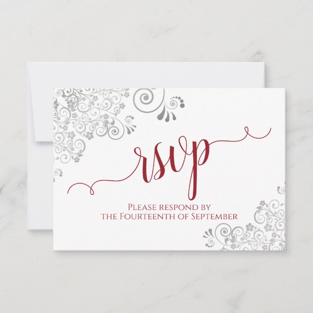 Red on White Elegant Calligraphy Frilly Wedding RSVP Card (Front)