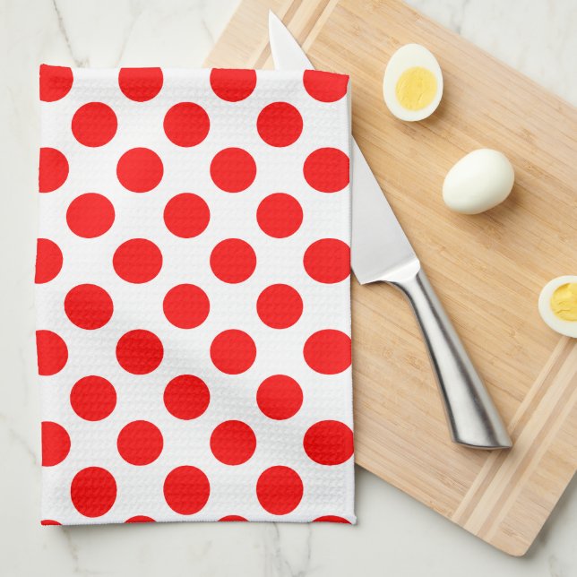 Red on White Large Size Polka Dots Tea Towel (Quarter Fold)