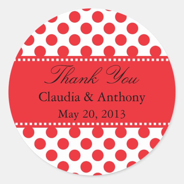 Red on White Polka Dot Thank You Wedding Classic Round Sticker (Front)