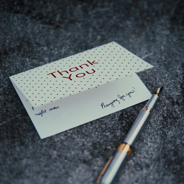 Red on White Polka Dots Thank You Card (Lifestyle in situ)