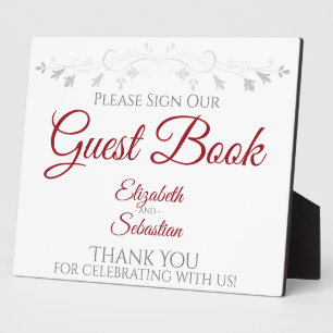 Red on White with Grey Sign Our Guest Book Wedding Plaque