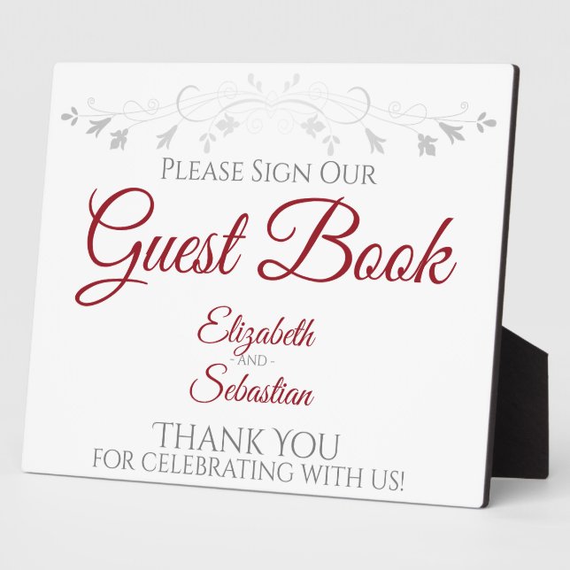 Red on White with Grey Sign Our Guest Book Wedding Plaque (Side)