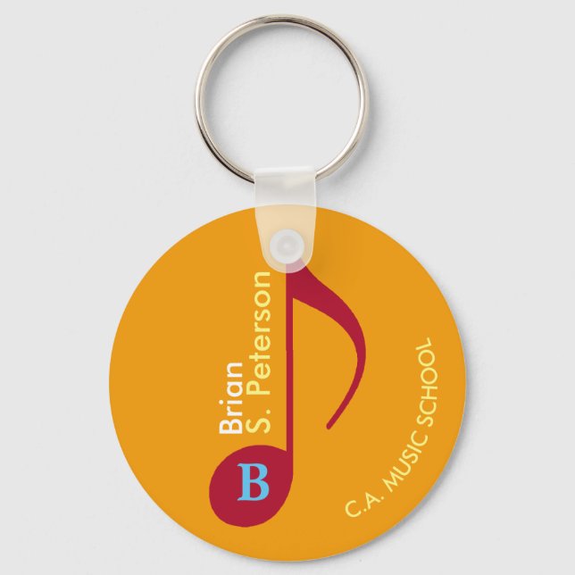 Red on Yellow Musical Note with Name Key Ring (Front)