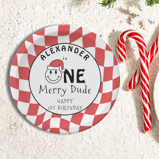 Red One Happy Dude Christmas 1st Birthday Decor Paper Plate (Creator Uploaded)