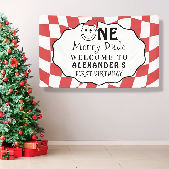 Red One Happy Dude Christmas 1st Birthday Party Banner (Creator Uploaded)