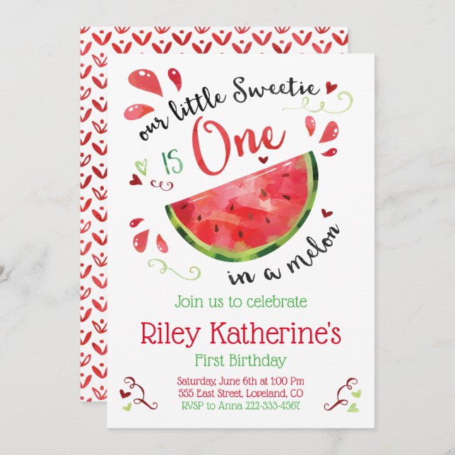 Red One in a Melon 1st Birthday Invitation (Front/Back)