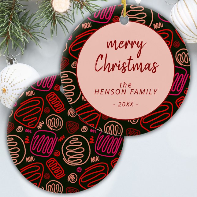Red One Line Art Artistic Merry Christmas Family Ceramic Tree Decoration (Creator Uploaded)