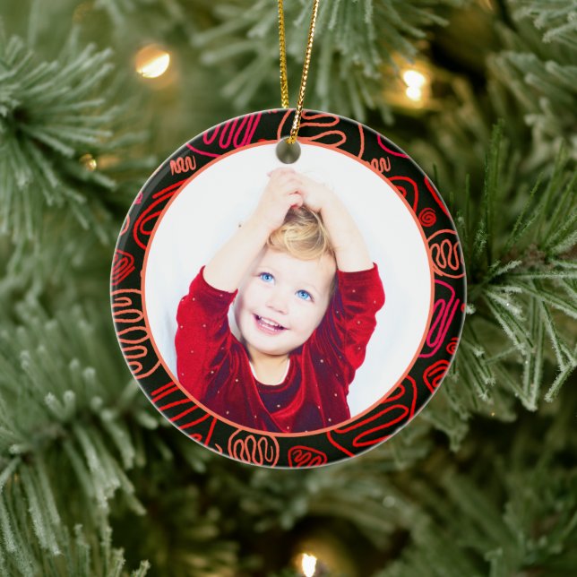 Red One Line Art Merry Christmas Family Photo Ceramic Tree Decoration (Tree)