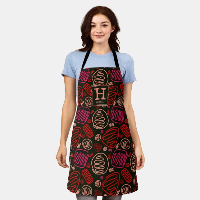 Red One Line Artistic Drawing Pattern Monogram Apr Apron (Worn)