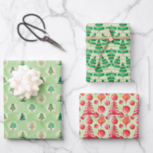 Red Or Green Modern Watercolor Christmas Trees Wrapping Paper Sheet