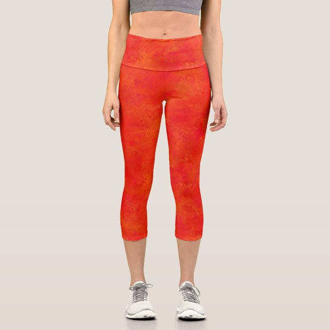 Red Orange Abstract Pattern Capri Leggings (Front)