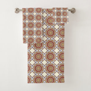 Red orange and gold circle geometric pattern  bath towel set