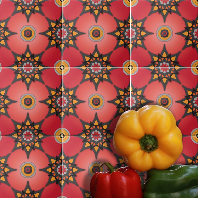 Red Orange And Grey Boho Geometric Pattern Tile (Creator Uploaded)