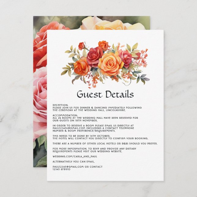 Red, Orange, and Sage Floral Guest Details Enclosure Card (Front/Back)