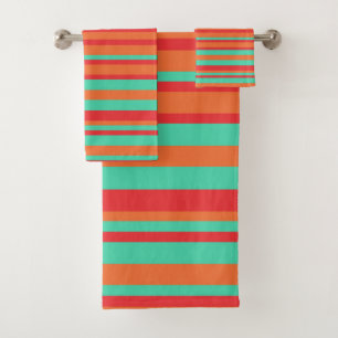 Red, Orange and Turquoise Vintage Stripes Bath Towel Set