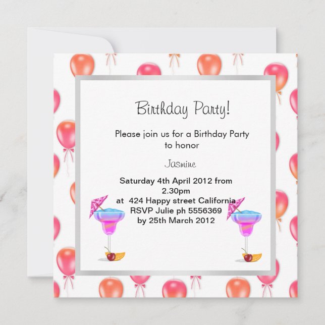 red orange balloon BIRTHDAY PARTY INVITATION 2 (Front)